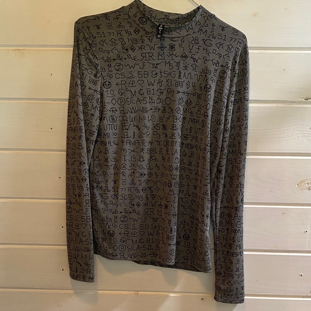 Gray Long Sleeve Top with Black Brands Print